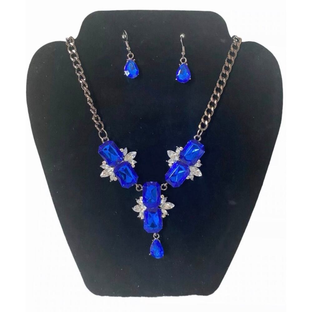 Blue Crystal Statement Necklace Set Matching Earrings Rhinestone Jewelry